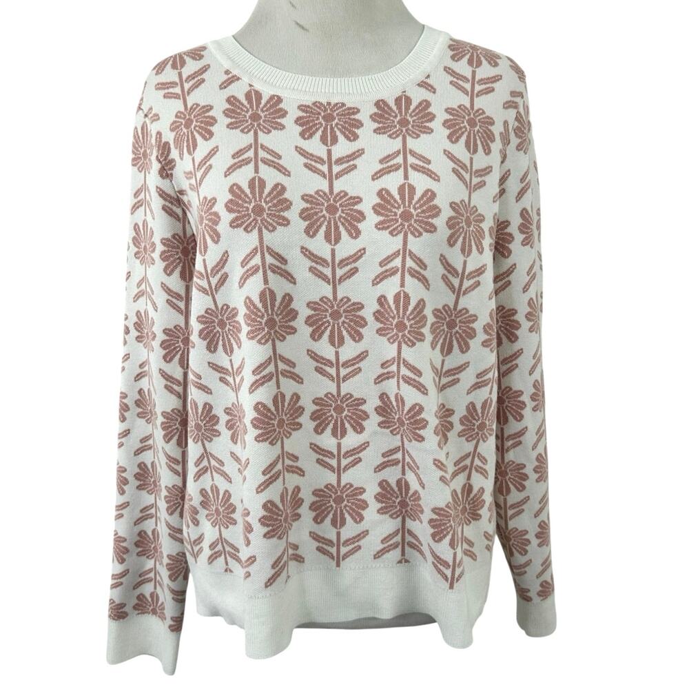 Adrianna Papell Floral Sweater Ivory Pink Daisy Knit Crewneck Pullover S